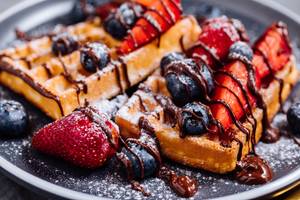 Belgische Waffeln mit Schokolade, Erdbeeren, Blaubeeren und Puderzucker