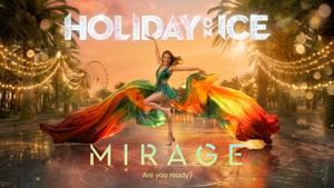 Eiskunstläuferin in buntem Kleid tanzt bei Sonnenuntergang – Holiday on Ice MIRAGE