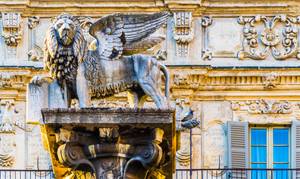 Geflügelte Löwenstatue der Piazza Erbe vor historischer Fassade in Verona