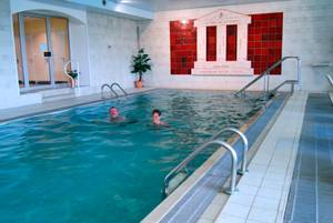 Hallenbad mit Weinmosaik im Hotel Südpfalz-Terrassen, zwei Badegäste im Wasser
