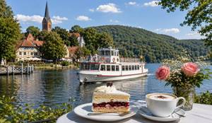 Kaffee und Kuchen am Schermützelsee mit Fahrgastschiff und Blick auf Buckow