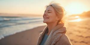 Lächelnde Frau genießt Sonnenuntergang am Ostseestrand mit Wind im Haar