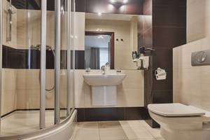 Modernes Hotelbadezimmer mit Dusche, Waschbecken und WC im Avangard Resort