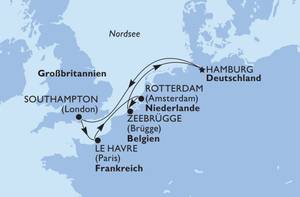 Routenkarte Nordsee-Kreuzfahrt: Hamburg, Rotterdam, Zeebrügge, Le Havre, Southampton