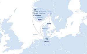 Routenkarte Norwegen-Kreuzfahrt ab Hamburg mit Fjorden, Bergen und Oslo