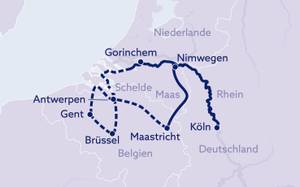 Routenkarte Rheinkreuzfahrt Köln mit Antwerpen, Brüssel, Gent und Maastricht