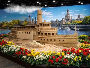 Sandskulptur Dampfer Dresden der Weißen Flotte, BlütenWunder Ausstellung mit Blumenbeet