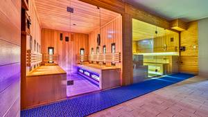 Sauna-Bereich mit Holzverkleidung und Farblichtstimmung im Hotel Bad Flinsberg