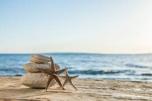 Steinpyramide und Seesterne am Strand vor blauem Meer, Symbol für Ruhe und Erholung