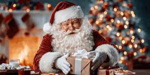 Weihnachtsmann verpackt Geschenke am Kamin vor festlich geschmücktem Weihnachtsbaum