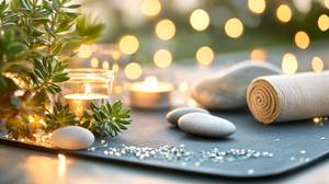 Yogamatte mit Kerzen, Pflanzen und Steinen für Wellness-Auszeit